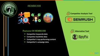 7
SEMRUSH
Competitor Analysis Tool
Features Of SEMRUSH
 Competitor keywords data
 Competitor backlinks data
 Competitor’s top-performing content
 Competitor’s campaign data
Alternative Tool
 