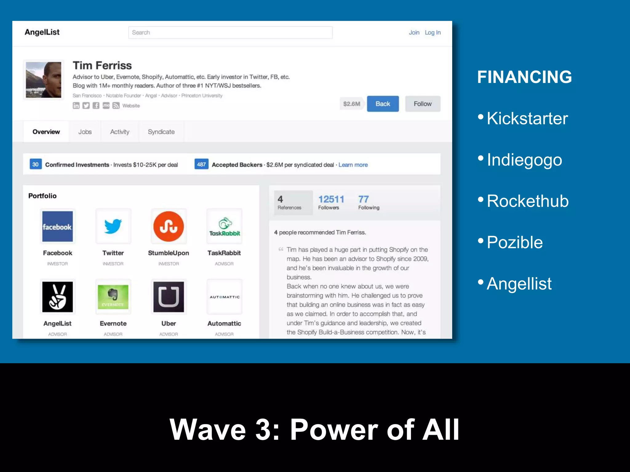 Wave 3: Power of All 
FINANCING 
&bull; Kickstarter 
&bull; Indiegogo 
&bull;Rockethub 
&bull; Pozible 
&bull;Angellist 
 
