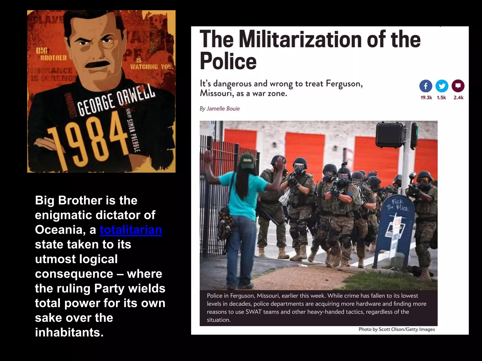 Big Brother is the 
enigmatic dictator of 
Oceania, a totalitarian 
state taken to its 
utmost logical 
consequence &ndash; where 
the ruling Party wields 
total power for its own 
sake over the 
inhabitants. 
 
