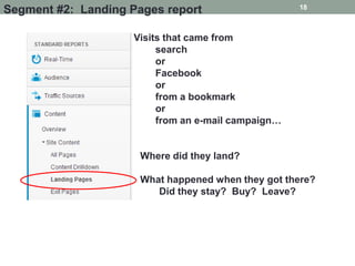 18
Segment #2: Landing Pages report

                     Visits that came from
                          search
                          or
                          Facebook
                          or
                          from a bookmark
                          or
                          from an e-mail campaign…


                      Where did they land?

                      What happened when they got there?
                         Did they stay? Buy? Leave?
 