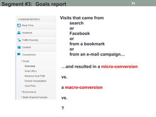 24
Segment #3: Goals report

                     Visits that came from
                          search
                          or
                          Facebook
                          or
                          from a bookmark
                          or
                          from an e-mail campaign…

                      …and resulted in a micro-conversion

                      vs.

                      a macro-conversion

                      vs.

                      ?
 