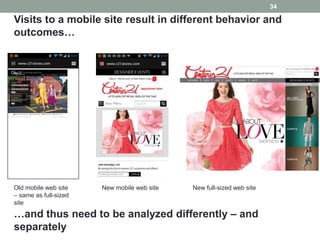 34

Visits to a mobile site result in different behavior and
outcomes…




Old mobile web site    New mobile web site   New full-sized web site
– same as full-sized
site

…and thus need to be analyzed differently – and
separately
 