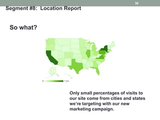 38
Segment #8: Location Report


 So what?




                      Only small percentages of visits to
                      our site come from cities and states
                      we’re targeting with our new
                      marketing campaign.
 