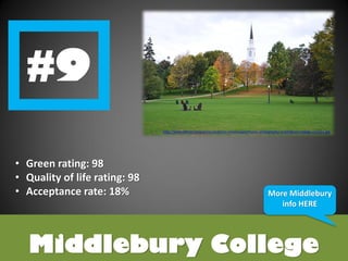 Middlebury College
• Green rating: 98
• Quality of life rating: 98
• Acceptance rate: 18%
http://www.westernskycommunications.com/images/travel-photography-middlebury-college-campus.jpg
More Middlebury
info HERE
 