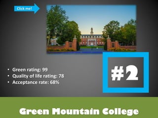 Green Mountain College
• Green rating: 99
• Quality of life rating: 78
• Acceptance rate: 68%
http://theropeswing.greenmtn.edu/storage/2048.jpg?__SQUARESPACE_CACHEVERSION=1416680642416
Click me!
 