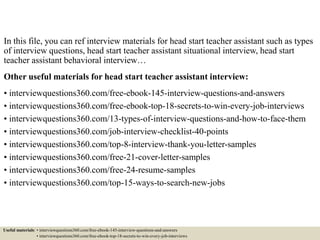Top 10 head start teacher assistant interview questions and answers | PPTX