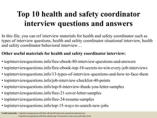 Top 10 health and safety coordinator interview questions and ...