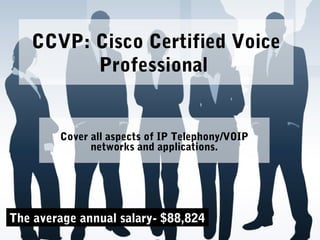 CCVP: Cisco Certified Voice
Professional
Cover all aspects of IP Telephony/VOIP
networks and applications.
The average annual salary- $88,824
 