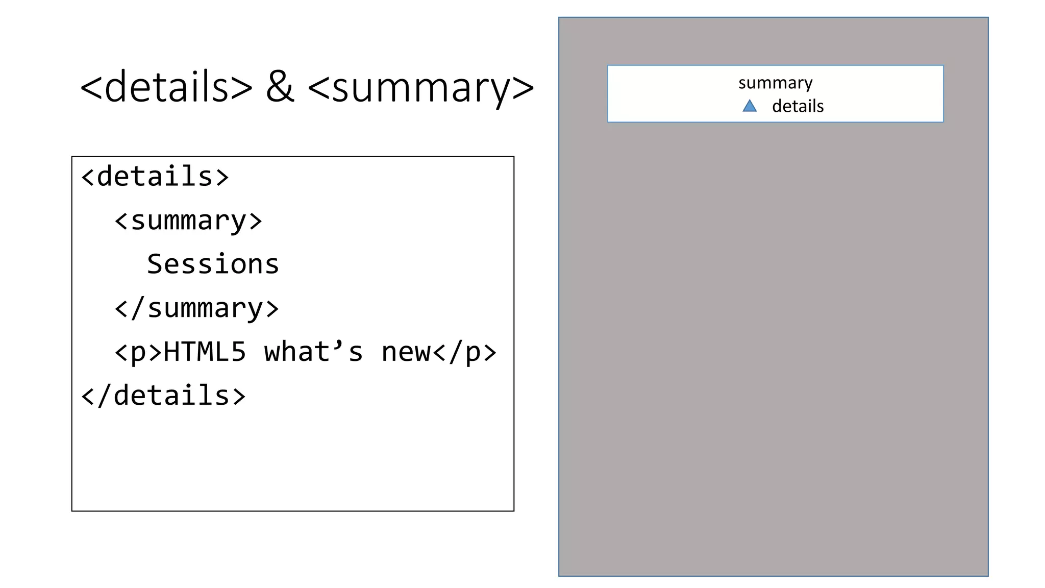 <details> & <summary> 
<details> 
<summary> 
Sessions 
</summary> 
<p>HTML5 what’s new</p> 
</details> 
summary 
details 
 