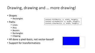 Drawing, drawing and … more drawing! 
• Shapes 
• Rectangles 
• Paths 
• Lines 
• Arcs 
• Beziers 
• Rectangles 
• Clipping 
context.fillRect(x, y, width, height); 
context.strokeRect(x, y, width, height); 
context.clearRect(x, y, width, height); 
• All done a pixel-basis, not vector-based! 
• Support for transformations 
 
