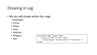 Drawing in svg 
• We can add shapes within the <svg> 
• Rectangles 
• Circles 
• Ellipse 
• Lines 
• Polylines 
• Polygons 
• Text 
<svg width="100" height="100"> 
<circle cx="50" cy="50" r="40" 
stroke="green" stroke-width="4" fill="blue" /> 
</svg> 
 