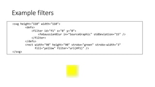 Example filters 
<svg height="110" width="110"> 
<defs> 
<filter id="f1" x="0" y="0"> 
<feGaussianBlur in="SourceGraphic" stdDeviation="15" /> 
</filter> 
</defs> 
<rect width="90" height="90" stroke="green" stroke-width="3" 
fill="yellow" filter="url(#f1)" /> 
</svg> 
 