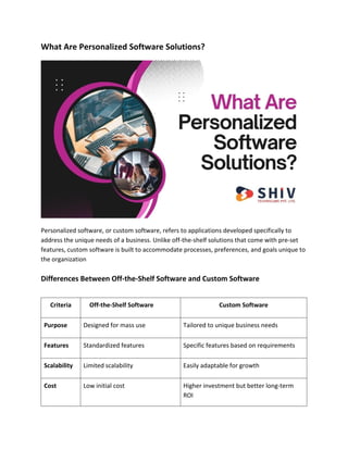 What Are Personalized Software Solutions?
Personalized software, or custom software, refers to applications developed specifically to
address the unique needs of a business. Unlike off-the-shelf solutions that come with pre-set
features, custom software is built to accommodate processes, preferences, and goals unique to
the organization
Differences Between Off-the-Shelf Software and Custom Software
Criteria Off-the-Shelf Software Custom Software
Purpose Designed for mass use Tailored to unique business needs
Features Standardized features Specific features based on requirements
Scalability Limited scalability Easily adaptable for growth
Cost Low initial cost Higher investment but better long-term
ROI
 