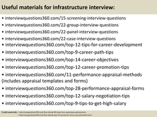 Useful materials for infrastructure interview:
• interviewquestions360.com/15-screening-interview-questions
• interviewquestions360.com/22-group-interview-questions
• interviewquestions360.com/22-panel-interview-questions
• interviewquestions360.com/22-case-interview-questions
• interviewquestions360.com/top-12-tips-for-career-development
• interviewquestions360.com/top-9-career-path-tips
• interviewquestions360.com/top-14-career-objectives
• interviewquestions360.com/top-12-career-promotion-tips
• interviewquestions360.com/11-performance-appraisal-methods
(includes appraisal templates and forms)
• interviewquestions360.com/top-28-performance-appraisal-forms
• interviewquestions360.com/top-12-salary-negotiation-tips
• interviewquestions360.com/top-9-tips-to-get-high-salary
Useful materials: • interviewquestions360.com/free-ebook-80-interview-questions-and-answers
• interviewquestions360.com/free-ebook-top-18-secrets-to-win-every-job-interviews
 