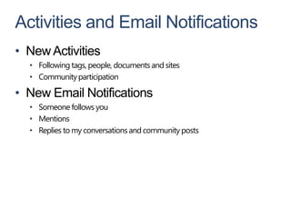 Activities and Email Notifications
• New Activities
  • Following tags, people, documents and sites
  • Community participation

• New Email Notifications
  • Someone follows you
  • Mentions
  • Replies to my conversations and community posts
 