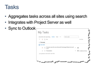 Tasks
• Aggregates tasks across all sites using search
• Integrates with Project Server as well
• Sync to Outlook
 