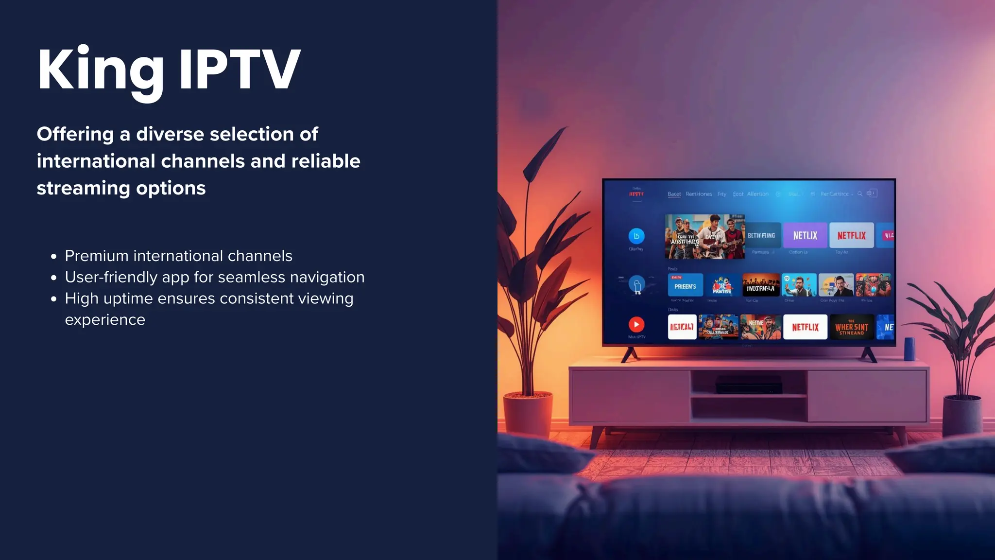 Offering a diverse selection of
international channels and reliable
streaming options
Premium international channels
User-friendly app for seamless navigation
High uptime ensures consistent viewing
experience
King IPTV
 