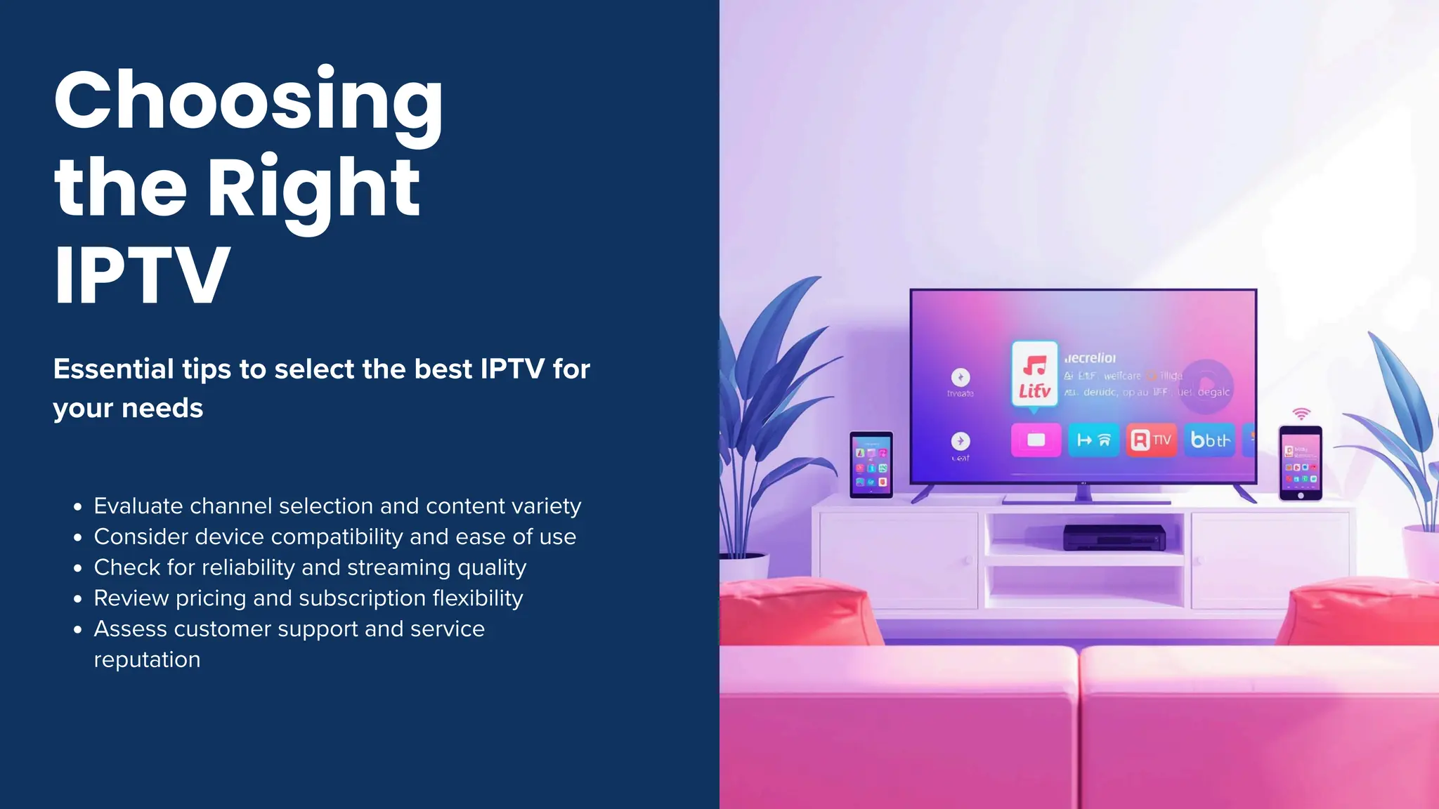 Essential tips to select the best IPTV for
your needs
Evaluate channel selection and content variety
Consider device compatibility and ease of use
Check for reliability and streaming quality
Review pricing and subscription flexibility
Assess customer support and service
reputation
Choosing
the Right
IPTV
 