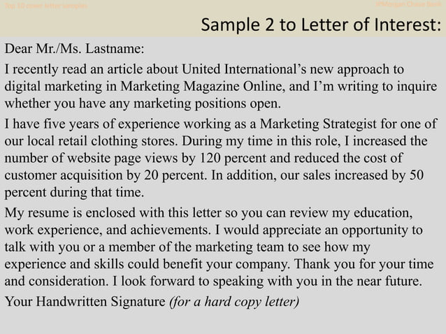 Top 10 Jp Morgan Chase Bank Cover Letter Samples