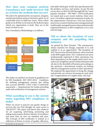 How does your company perform
Consultancy and Audit Services? Tell
us, in brief, the methods that you use?
We seek to be epitomized by our passion, integrity,
entrepreneurialism and our innovative spirit, as we
continually strive to fulfil our vision. These values
guide us in all that we do and are the bedrock upon
which our organization is built. They are at the
heart of what we are.
Our Consultancy Methodology is as follows:
The audits we perform are based on guidelines set
by ISO Standards. ISO 19011:2018 - Guidelines
for auditing management systems also taking
into account ISO/IEC 17021-1:2015 Conformity
assessment — Requirements for bodies providing
audit and certification of management systems
What according to you is the current
status regarding ISO compliance in
India?
When we resort to procure any goods, things or
services the very first thought we come across is
“QUALITY”. We expect and desire that whatever
we are acquiring, advertising, promoting and
selling must possess distinct features of excellence
and must have its own set standard and class.
The Concept of ISO certificates is treated as a
reflection of fitness in terms of quality, efficiency,
and safety which give world-class specifications for
the product, services, and system. As per the last
survey done in 2019, by ISO through IAF for “most
popular standard – ISO 9001” 32357certification
are issued and as per recent statistics, there were
over 1.26 million registered companies in India. So
the organizations covered are a very low fraction,
andweareacountrythathasmoreunorganizedand
traditionally managed business than professionally
organized business, so ISO compliance is in a very
nascent stage.
Tell us about the inception of your
company and the propelling idea
behind it.
As quoted by Peter Drucker “The entrepreneur
always searches for change, responds to it, and
exploits it as an opportunity.” The Inception of
SGC Services has all such elements, when you look
at the B2B supply chain, Tier 1 industries are more
professionally organized in their operations, but
their dependency on the supply chain (tier2, tier 3
andsoon)ishighbutcannotconductbusinesswith
all, due to the shortfalls of business proceedings as
the upstream / downstream vendors are lacking
effective management systems in their operations.
We explored the opportunity to bring the change
and provide our services focussing on such tier2,
tier 3 organisations of a supply chain, who had
17
SEPTEMBER 2021 SwiftNLift
 