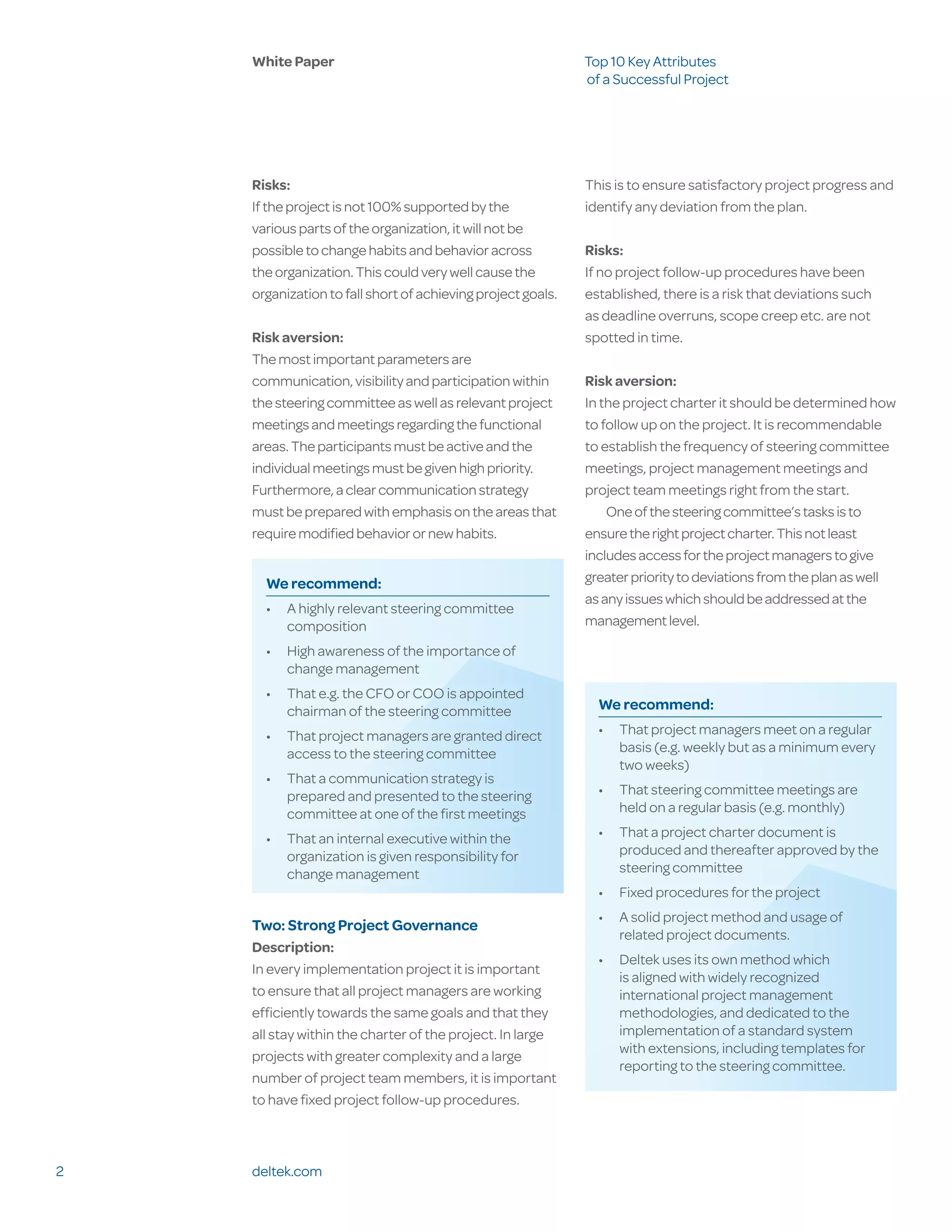 White Paper                                              Top 10 Key Attributes
                                                             of a Successful Project




    Risks:                                                   This is to ensure satisfactory project progress and
    If the project is not 100% supported by the              identify any deviation from the plan.
    various parts of the organization, it will not be
    possible to change habits and behavior across            Risks:
    the organization. This could very well cause the         If no project follow-up procedures have been
    organization to fall short of achieving project goals.   established, there is a risk that deviations such
                                                             as deadline overruns, scope creep etc. are not
    Risk aversion:                                           spotted in time.
    The most important parameters are
    communication, visibility and participation within       Risk aversion:
    the steering committee as well as relevant project       In the project charter it should be determined how
    meetings and meetings regarding the functional           to follow up on the project. It is recommendable
    areas. The participants must be active and the           to establish the frequency of steering committee
    individual meetings must be given high priority.         meetings, project management meetings and
    Furthermore, a clear communication strategy              project team meetings right from the start.
    must be prepared with emphasis on the areas that             One of the steering committee’s tasks is to
    require modified behavior or new habits.                 ensure the right project charter. This not least
                                                             includes access for the project managers to give
      We recommend:                                          greater priority to deviations from the plan as well
                                                             as any issues which should be addressed at the
      •	 A highly relevant steering committee
         composition                                         management level.

      •	 High awareness of the importance of
         change management
      •	 That e.g. the CFO or COO is appointed
         chairman of the steering committee                    We recommend:

      •	 That project managers are granted direct              •	 That project managers meet on a regular
         access to the steering committee                         basis (e.g. weekly but as a minimum every
                                                                  two weeks)
      •	 That a communication strategy is
         prepared and presented to the steering                •	 That steering committee meetings are
         committee at one of the first meetings                   held on a regular basis (e.g. monthly)

      •	 That an internal executive within the                 •	 That a project charter document is
         organization is given responsibility for                 produced and thereafter approved by the
         change management                                        steering committee
                                                               •	 Fixed procedures for the project
                                                               •	 A solid project method and usage of
    Two: Strong Project Governance
                                                                  related project documents.
    Description:
                                                               •	 Deltek uses its own method which
    In every implementation project it is important
                                                                  is aligned with widely recognized
    to ensure that all project managers are working               international project management
    efficiently towards the same goals and that they              methodologies, and dedicated to the
    all stay within the charter of the project. In large          implementation of a standard system
                                                                  with extensions, including templates for
    projects with greater complexity and a large
                                                                  reporting to the steering committee.
    number of project team members, it is important
    to have fixed project follow-up procedures.



2   deltek.com
 