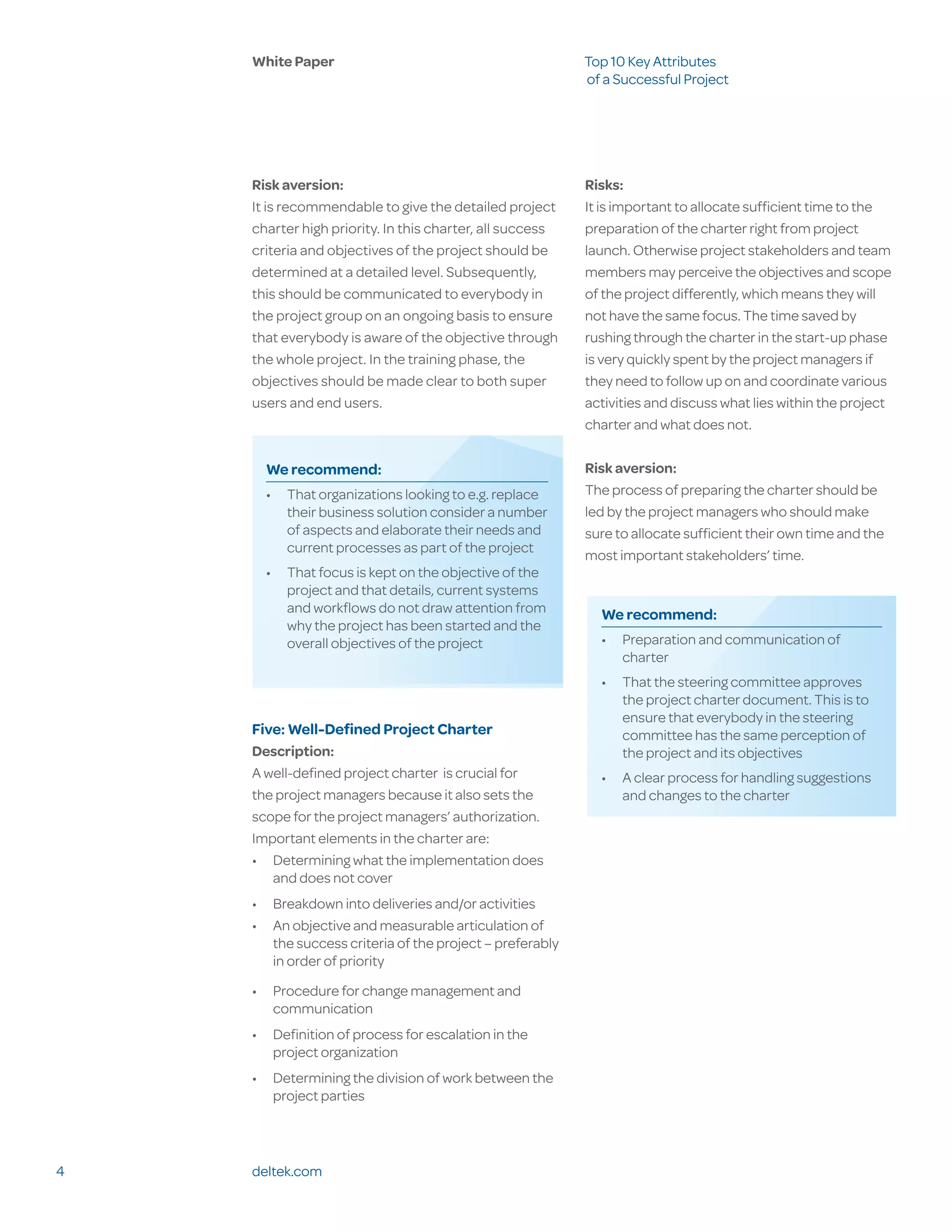 White Paper                                           Top 10 Key Attributes
                                                          of a Successful Project




    Risk aversion:                                        Risks:
    It is recommendable to give the detailed project      It is important to allocate sufficient time to the
    charter high priority. In this charter, all success   preparation of the charter right from project
    criteria and objectives of the project should be      launch. Otherwise project stakeholders and team
    determined at a detailed level. Subsequently,         members may perceive the objectives and scope
    this should be communicated to everybody in           of the project differently, which means they will
    the project group on an ongoing basis to ensure       not have the same focus. The time saved by
    that everybody is aware of the objective through      rushing through the charter in the start-up phase
    the whole project. In the training phase, the         is very quickly spent by the project managers if
    objectives should be made clear to both super         they need to follow up on and coordinate various
    users and end users.                                  activities and discuss what lies within the project
                                                          charter and what does not.


      We recommend:                                       Risk aversion:
      •	 That organizations looking to e.g. replace       The process of preparing the charter should be
         their business solution consider a number        led by the project managers who should make
         of aspects and elaborate their needs and         sure to allocate sufficient their own time and the
         current processes as part of the project
                                                          most important stakeholders’ time.
      •	 That focus is kept on the objective of the
         project and that details, current systems
         and workflows do not draw attention from           We recommend:
         why the project has been started and the
         overall objectives of the project                  •	 Preparation and communication of
                                                               charter
                                                            •	 That the steering committee approves
                                                               the project charter document. This is to
                                                               ensure that everybody in the steering
    Five: Well-Defined Project Charter                         committee has the same perception of
    Description:                                               the project and its objectives
    A well-defined project charter is crucial for           •	 A clear process for handling suggestions
    the project managers because it also sets the              and changes to the charter
    scope for the project managers’ authorization.
    Important elements in the charter are:
    •	 Determining what the implementation does
       and does not cover
    •	 Breakdown into deliveries and/or activities
    •	 An objective and measurable articulation of
       the success criteria of the project – preferably
       in order of priority

    •	 Procedure for change management and
       communication
    •	 Definition of process for escalation in the
       project organization
    •	 Determining the division of work between the
       project parties




4   deltek.com
 