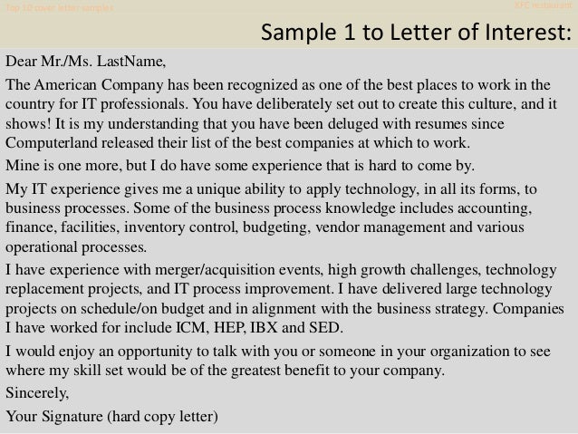 Top 10 Kfc Restaurant Cover Letter Samples
