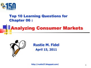 Analyzing Consumer Markets Rustie M. Fidel April 15, 2011 Top 10 Learning Questions for  Chapter 06 : http://rustie27.blogspot.com/ 