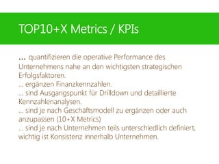 TOP10+X Metrics / KPIs
… quantifizieren die operative Performance des
Unternehmens nahe an den wichtigsten strategischen
Erfolgsfaktoren.
… ergänzen Finanzkennzahlen.
… sind Ausgangspunkt für Drilldown und detaillierte
Kennzahlenanalysen.
… sind je nach Geschäftsmodell zu ergänzen oder auch
anzupassen (10+X Metrics)
… sind je nach Unternehmen teils unterschiedlich definiert,
wichtig ist Konsistenz innerhalb Unternehmen.
 