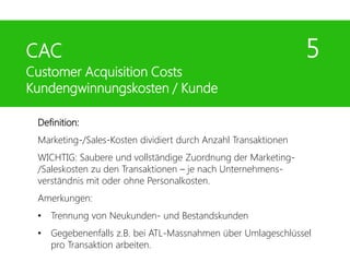 Definition:
Marketing-/Sales-Kosten dividiert durch Anzahl Transaktionen
WICHTIG: Saubere und vollständige Zuordnung der Marketing-
/Saleskosten zu den Transaktionen – je nach Unternehmens-
verständnis mit oder ohne Personalkosten.
Amerkungen:
• Trennung von Neukunden- und Bestandskunden
• Gegebenenfalls z.B. bei ATL-Massnahmen über Umlageschlüssel
pro Transaktion arbeiten.
CAC 5
Customer Acquisition Costs
Kundengwinnungskosten / Kunde
 