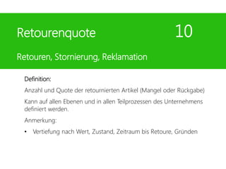Definition:
Anzahl und Quote der retournierten Artikel (Mangel oder Rückgabe)
Kann auf allen Ebenen und in allen Teilprozessen des Unternehmens
definiert werden.
Anmerkung:
• Vertiefung nach Wert, Zustand, Zeitraum bis Retoure, Gründen
Retourenquote 10
Retouren, Stornierung, Reklamation
 