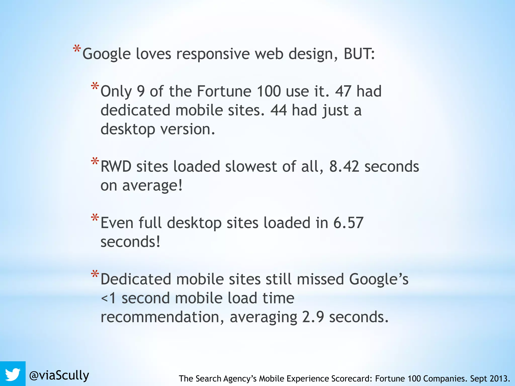 *Google loves responsive web design, BUT:
*Only 9 of the Fortune 100 use it. 47 had
dedicated mobile sites. 44 had just a
desktop version.
*RWD sites loaded slowest of all, 8.42 seconds
on average!
*Even full desktop sites loaded in 6.57
seconds!
*Dedicated mobile sites still missed Google’s
<1 second mobile load time
recommendation, averaging 2.9 seconds.
The Search Agency’s Mobile Experience Scorecard: Fortune 100 Companies. Sept 2013.@viaScully
 