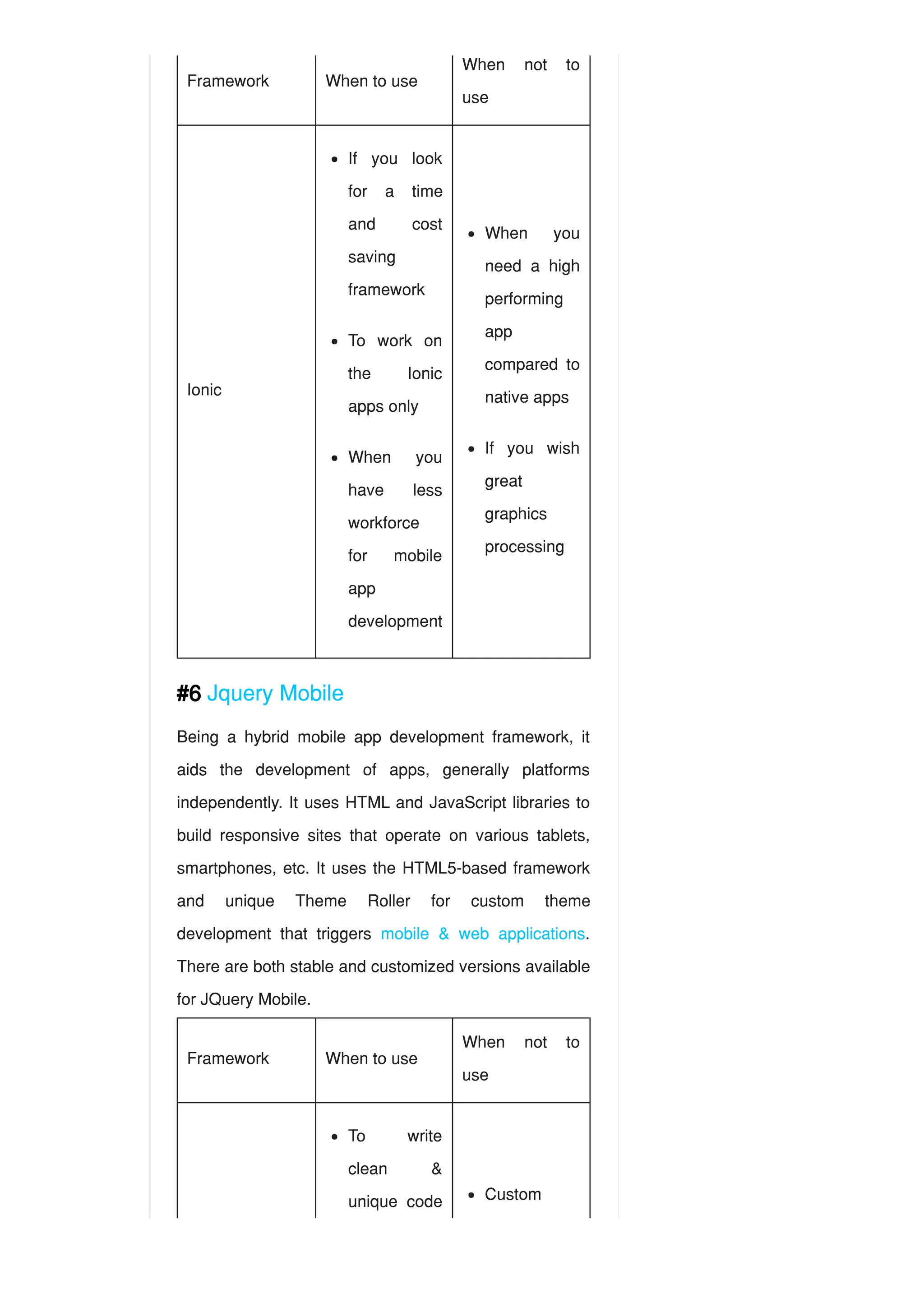 Framework When to use
When not to
use
Ionic
#6 Jquery Mobile
Being a hybrid mobile app development framework, it
aids the development of apps, generally platforms
independently. It uses HTML and JavaScript libraries to
build responsive sites that operate on various tablets,
smartphones, etc. It uses the HTML5-based framework
and unique Theme Roller for custom theme
development that triggers mobile & web applications.
There are both stable and customized versions available
for JQuery Mobile.
Framework When to use
When not to
use
If you look
for a time
and cost
saving
framework
To work on
the Ionic
apps only
When you
have less
workforce
for mobile
app
development
When you
need a high
performing
app
compared to
native apps
If you wish
great
graphics
processing
To write
clean &
unique code Custom
 