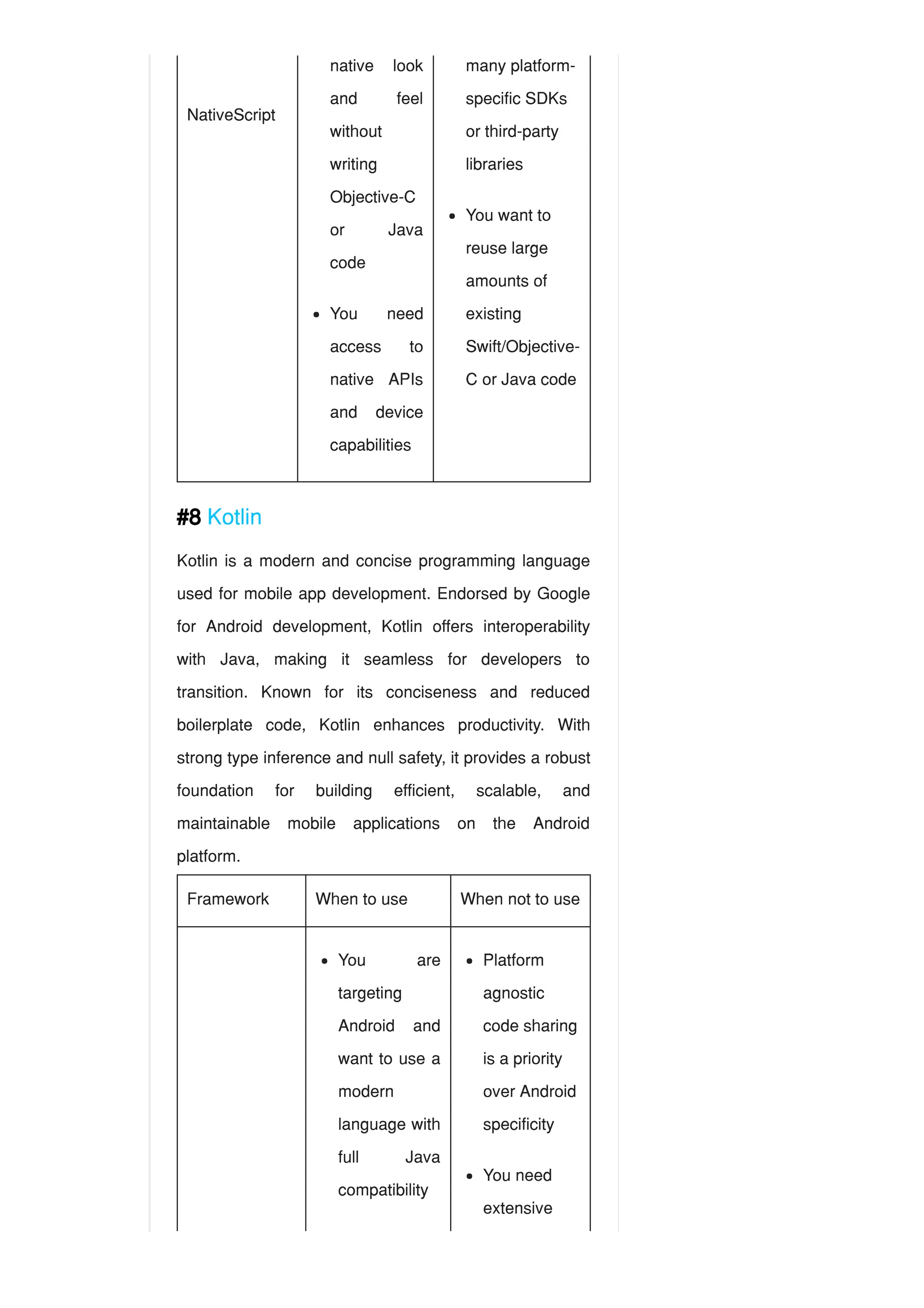 NativeScript
#8 Kotlin
Kotlin is a modern and concise programming language
used for mobile app development. Endorsed by Google
for Android development, Kotlin offers interoperability
with Java, making it seamless for developers to
transition. Known for its conciseness and reduced
boilerplate code, Kotlin enhances productivity. With
strong type inference and null safety, it provides a robust
foundation for building efficient, scalable, and
maintainable mobile applications on the Android
platform.
Framework When to use When not to use
native look
and feel
without
writing
Objective-C
or Java
code
You need
access to
native APIs
and device
capabilities
many platform-
specific SDKs
or third-party
libraries
You want to
reuse large
amounts of
existing
Swift/Objective-
C or Java code
You are
targeting
Android and
want to use a
modern
language with
full Java
compatibility
Platform
agnostic
code sharing
is a priority
over Android
specificity
You need
extensive
 