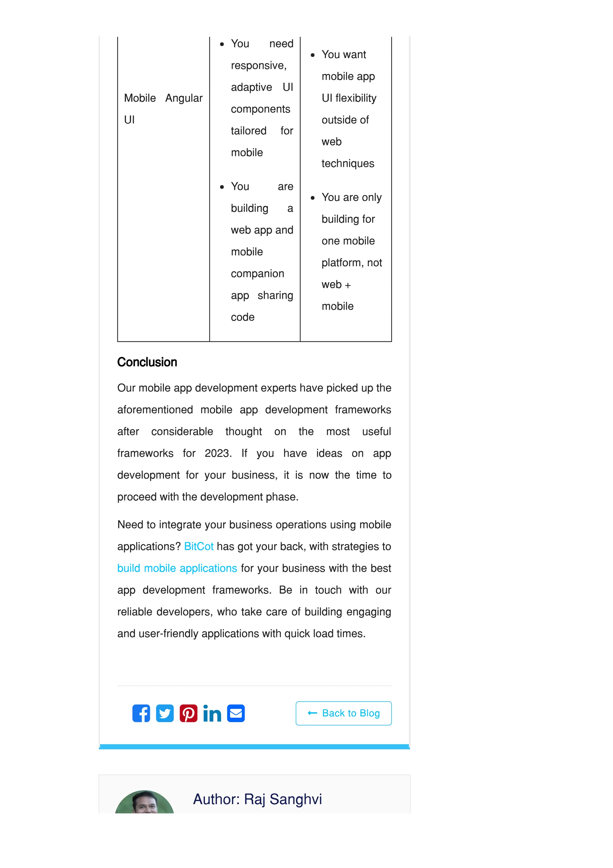 Mobile Angular
UI
Conclusion
Our mobile app development experts have picked up the
aforementioned mobile app development frameworks
after considerable thought on the most useful
frameworks for 2023. If you have ideas on app
development for your business, it is now the time to
proceed with the development phase.
Need to integrate your business operations using mobile
applications? BitCot has got your back, with strategies to
build mobile applications for your business with the best
app development frameworks. Be in touch with our
reliable developers, who take care of building engaging
and user-friendly applications with quick load times.
 Back to Blog
You need
responsive,
adaptive UI
components
tailored for
mobile
You are
building a
web app and
mobile
companion
app sharing
code
You want
mobile app
UI flexibility
outside of
web
techniques
You are only
building for
one mobile
platform, not
web +
mobile
    
Author: Raj Sanghvi
 