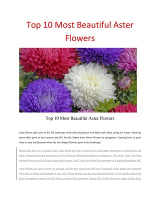 Top 10 Most Beautiful Aster
Flowers
Top 10 Most Beautiful Aster Flowers
Aster flower adds color to the fall landscape while allowing beauty with little work when caring for Asters. Growing
asters often grow in late summer and fall, but the Alpine aster allows blooms in springtime. Learning how to grow
Aster is easy and pleasant when the star-shaped flowers grow in the landscape.
During fall, the view is usually sad. Aster flower provides a quite lovely and happy atmosphere to that unless sad
scene. Asters flowers are also known as Frost Flowers, Michaelmas Daisies or Starworts. The name „Aster‟ has been
obtained from a word of Greek origin which means “star”; they are indeed the superstars of a garden throughout fall.
Aster flowers are easy to grow in average soil but they require the full sun. Frequently Aster plants are sustained
while few of them are biennials or year-end. These flowers are the most favored flowers of all people around the
globe throughout winters and fall. Being a part of the sunflower family, they follow daisies a many as they have
 