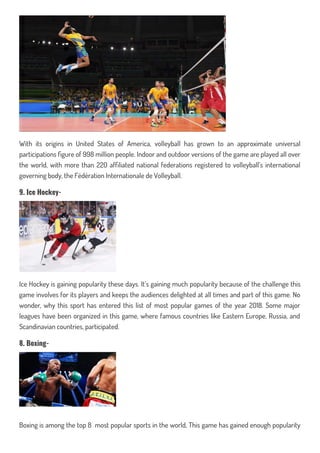 Top 10 most popular sports the world 2018