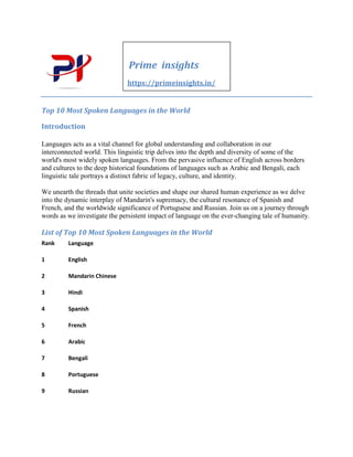 Top 10 Most Spoken Languages in the World
Introduction
Languages acts as a vital channel for global understanding and collaboration in our
interconnected world. This linguistic trip delves into the depth and diversity of some of the
world's most widely spoken languages. From the pervasive influence of English across borders
and cultures to the deep historical foundations of languages such as Arabic and Bengali, each
linguistic tale portrays a distinct fabric of legacy, culture, and identity.
We unearth the threads that unite societies and shape our shared human experience as we delve
into the dynamic interplay of Mandarin's supremacy, the cultural resonance of Spanish and
French, and the worldwide significance of Portuguese and Russian. Join us on a journey through
words as we investigate the persistent impact of language on the ever-changing tale of humanity.
List of Top 10 Most Spoken Languages in the World
Rank Language
1 English
2 Mandarin Chinese
3 Hindi
4 Spanish
5 French
6 Arabic
7 Bengali
8 Portuguese
9 Russian
Prime insights
https://primeinsights.in/
 