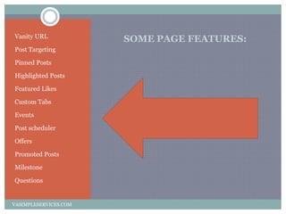 SOME PAGE FEATURES:Vanity URL
Post Targeting
Pinned Posts
Highlighted Posts
Featured Likes
Custom Tabs
Events
Post schedul...