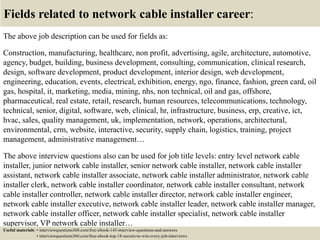 Fields related to network cable installer career:
The above job description can be used for fields as:
Construction, manufacturing, healthcare, non profit, advertising, agile, architecture, automotive,
agency, budget, building, business development, consulting, communication, clinical research,
design, software development, product development, interior design, web development,
engineering, education, events, electrical, exhibition, energy, ngo, finance, fashion, green card, oil
gas, hospital, it, marketing, media, mining, nhs, non technical, oil and gas, offshore,
pharmaceutical, real estate, retail, research, human resources, telecommunications, technology,
technical, senior, digital, software, web, clinical, hr, infrastructure, business, erp, creative, ict,
hvac, sales, quality management, uk, implementation, network, operations, architectural,
environmental, crm, website, interactive, security, supply chain, logistics, training, project
management, administrative management…
The above interview questions also can be used for job title levels: entry level network cable
installer, junior network cable installer, senior network cable installer, network cable installer
assistant, network cable installer associate, network cable installer administrator, network cable
installer clerk, network cable installer coordinator, network cable installer consultant, network
cable installer controller, network cable installer director, network cable installer engineer,
network cable installer executive, network cable installer leader, network cable installer manager,
network cable installer officer, network cable installer specialist, network cable installer
supervisor, VP network cable installer…
Useful materials: • interviewquestions360.com/free-ebook-145-interview-questions-and-answers
• interviewquestions360.com/free-ebook-top-18-secrets-to-win-every-job-interviews
 