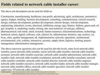 Fields related to network cable installer career:
The above job description can be used for fields as:
Construction, manuf...