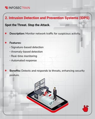 2. Intrusion Detection and Prevention Systems (IDPS)
Spot the Threat. Stop the Attack.
Description: Monitor network trafﬁc for suspicious activity.
Beneﬁts: Detects and responds to threats, enhancing security
posture.
Features:
◦ Signature-based detection
◦ Anomaly-based detection
◦ Real-time monitoring
◦ Automated response
 