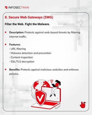 8. Secure Web Gateways (SWG)
Filter the Web. Fight the Malware.
Description: Protects against web-based threats by ﬁltering
internet trafﬁc.
Beneﬁts: Protects against malicious websites and enforces
policies.
Features:
◦ URL ﬁltering
◦ Malware detection and prevention
◦ Content inspection
◦ SSL/TLS decryption
 