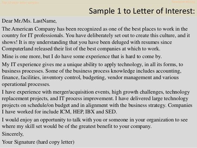 Top 10 newmont mining cover letter samples