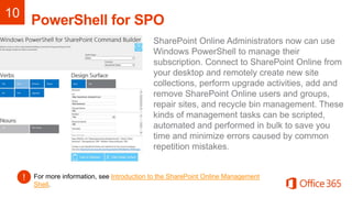 For more information, see Introduction to the SharePoint Online Management
Shell.
 