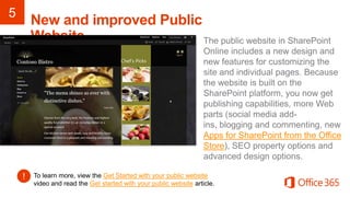 Apps for SharePoint from the Office
                                                            Store


To learn more, view the Get Started with your public website
video and read the Get started with your public website article.
 