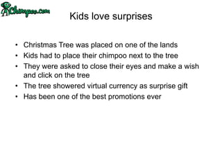Kids love surprises

• Christmas Tree was placed on one of the lands
• Kids had to place their chimpoo next to the tree
• They were asked to close their eyes and make a wish
  and click on the tree
• The tree showered virtual currency as surprise gift
• Has been one of the best promotions ever
 