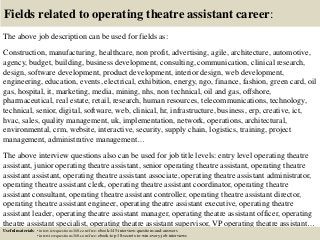 Fields related to operating theatre assistant career:
The above job description can be used for fields as:
Construction, manufacturing, healthcare, non profit, advertising, agile, architecture, automotive,
agency, budget, building, business development, consulting, communication, clinical research,
design, software development, product development, interior design, web development,
engineering, education, events, electrical, exhibition, energy, ngo, finance, fashion, green card, oil
gas, hospital, it, marketing, media, mining, nhs, non technical, oil and gas, offshore,
pharmaceutical, real estate, retail, research, human resources, telecommunications, technology,
technical, senior, digital, software, web, clinical, hr, infrastructure, business, erp, creative, ict,
hvac, sales, quality management, uk, implementation, network, operations, architectural,
environmental, crm, website, interactive, security, supply chain, logistics, training, project
management, administrative management…
The above interview questions also can be used for job title levels: entry level operating theatre
assistant, junior operating theatre assistant, senior operating theatre assistant, operating theatre
assistant assistant, operating theatre assistant associate, operating theatre assistant administrator,
operating theatre assistant clerk, operating theatre assistant coordinator, operating theatre
assistant consultant, operating theatre assistant controller, operating theatre assistant director,
operating theatre assistant engineer, operating theatre assistant executive, operating theatre
assistant leader, operating theatre assistant manager, operating theatre assistant officer, operating
theatre assistant specialist, operating theatre assistant supervisor, VP operating theatre assistant…
Useful materials: • interviewquestions360.com/free-ebook-145-interview-questions-and-answers
• interviewquestions360.com/free-ebook-top-18-secrets-to-win-every-job-interviews
 