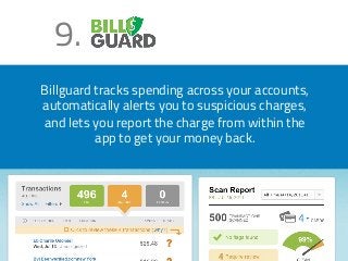 9. 
Billguard tracks spending across your accounts, 
automatically alerts you to suspicious charges, 
and lets you report the charge from within the 
app to get your money back. 
 