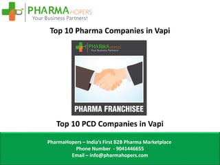 Top 10 Pharma Companies in Vapi
Top 10 PCD Companies in Vapi
PharmaHopers – India’s First B2B Pharma Marketplace
Phone Number - 9041446655
Email – info@pharmahopers.com
 